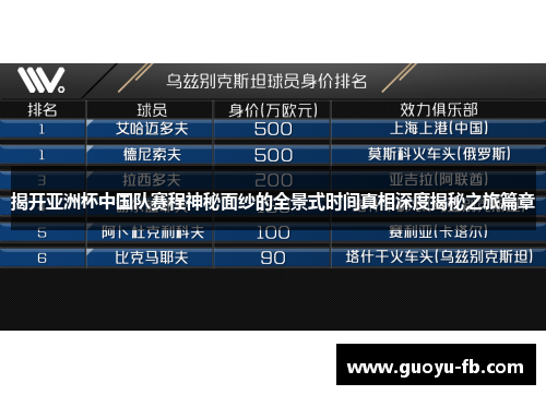 揭开亚洲杯中国队赛程神秘面纱的全景式时间真相深度揭秘之旅篇章