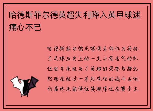 哈德斯菲尔德英超失利降入英甲球迷痛心不已