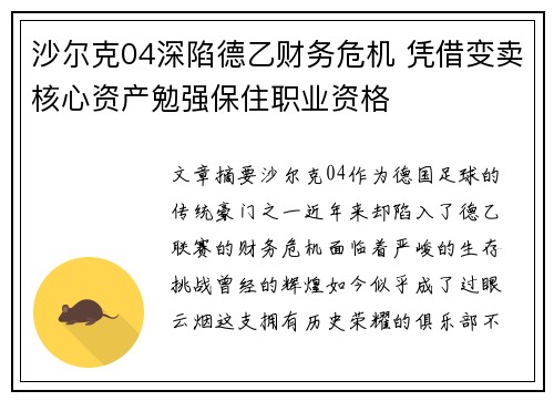 沙尔克04深陷德乙财务危机 凭借变卖核心资产勉强保住职业资格
