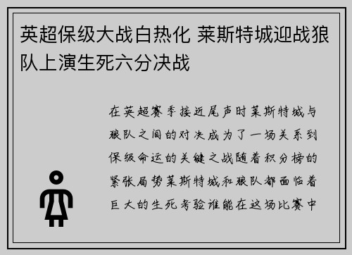 英超保级大战白热化 莱斯特城迎战狼队上演生死六分决战