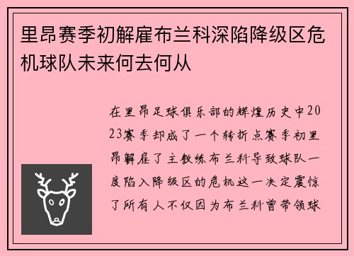里昂赛季初解雇布兰科深陷降级区危机球队未来何去何从
