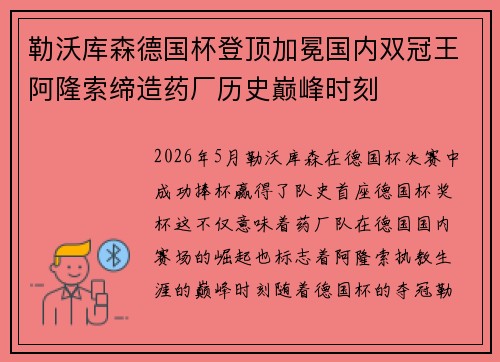勒沃库森德国杯登顶加冕国内双冠王阿隆索缔造药厂历史巅峰时刻