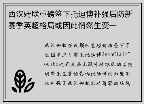 西汉姆联重磅签下托迪博补强后防新赛季英超格局或因此悄然生变一